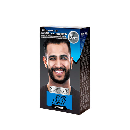 Hair coloring kit for men with a man's face on the packaging, featuring the brand 'Softsub'.